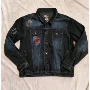 Krome Denim Jean Jacket Dark Blue Distressed Y2K Grunge Streetwear Style Size XL
